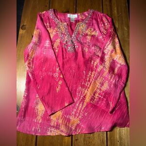Soft Surroundings Pink & Orange Embellished Tie-Dye Tunic 100 percent silk